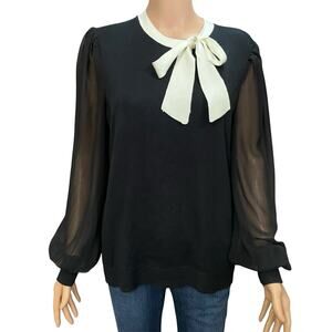 Cece Mixed Media Sweater XL Bow Neck Balloon Sleeve Preppy Classic Black White